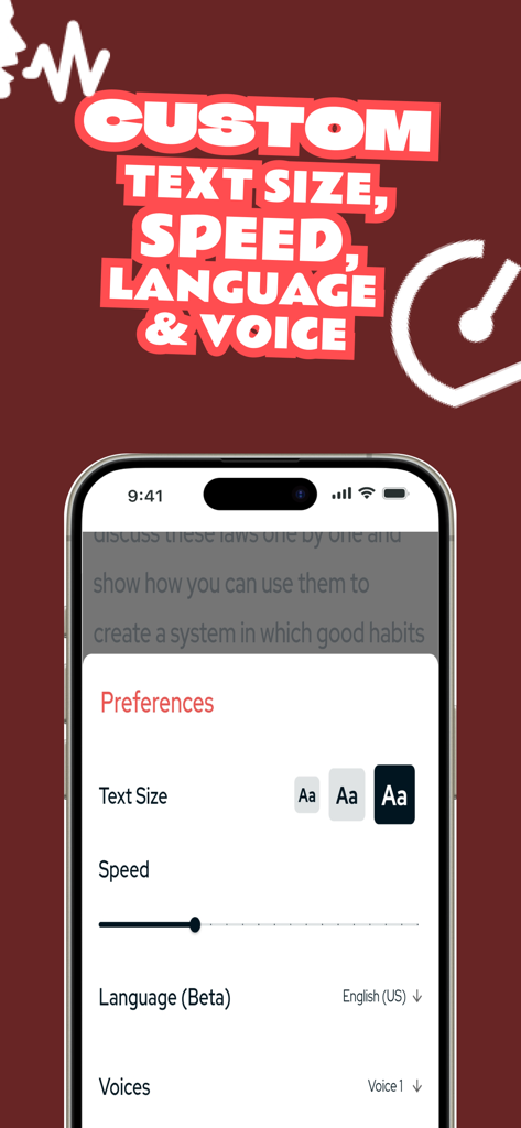 Readio Ai - PDF to Audio Book - Interface showing customization settings for text size, playback speed, and AI voice selection in the Readio Ai app
