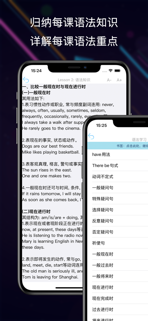 Screenshot of the New Concept English app showing a detailed grammar explanation and a list of grammar topics in Chinese.