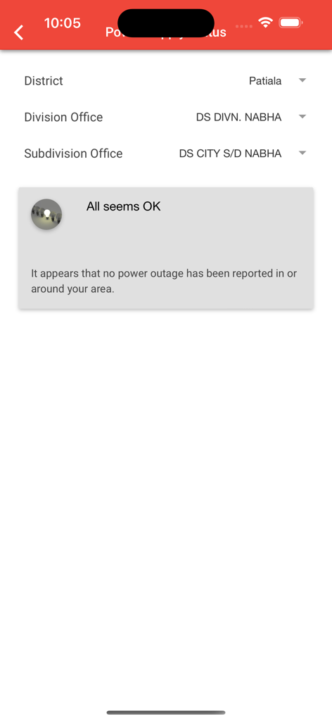 PSPCL app interface showing power supply status for Nabha subdivision with no reported outages.