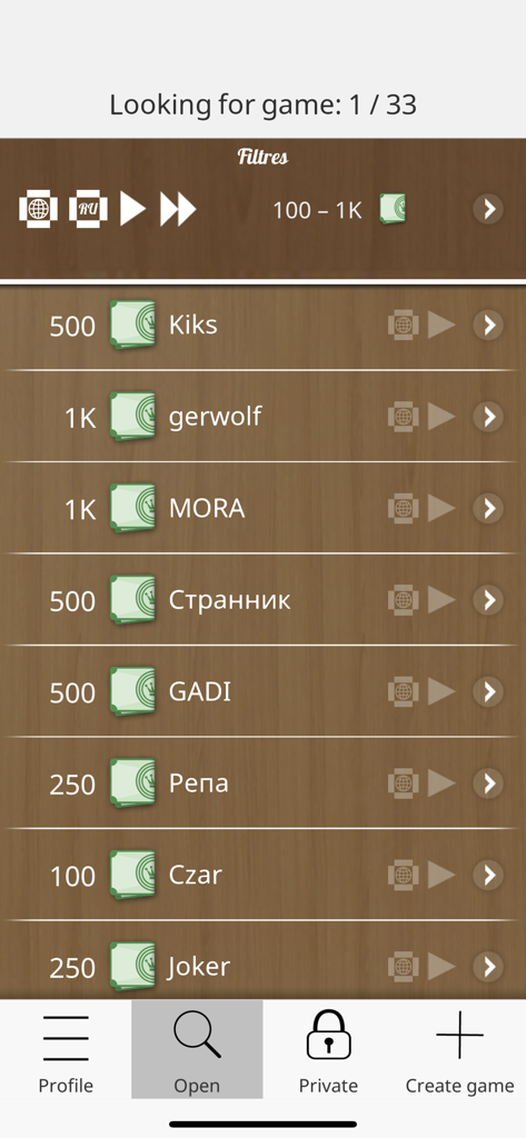 Mobile app screen showing a list of available online checkers games with live players