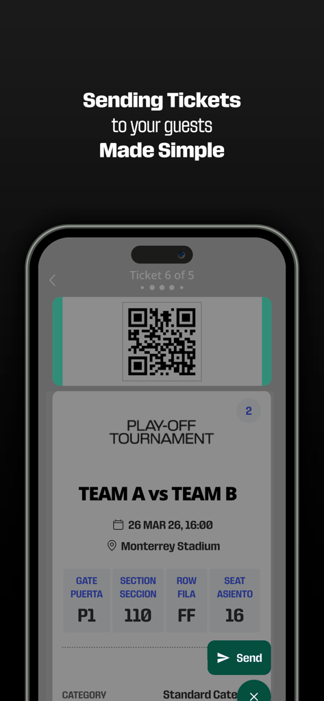 FWC26 Play-Off Mobile Tickets - Smartphone screen displaying a digital soccer ticket with a button to send it to guests