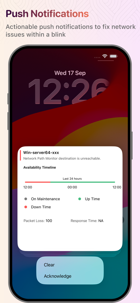 Notifica push azionabile su uno smartphone che mostra un avviso del server di rete con opzioni per chiudere o confermare