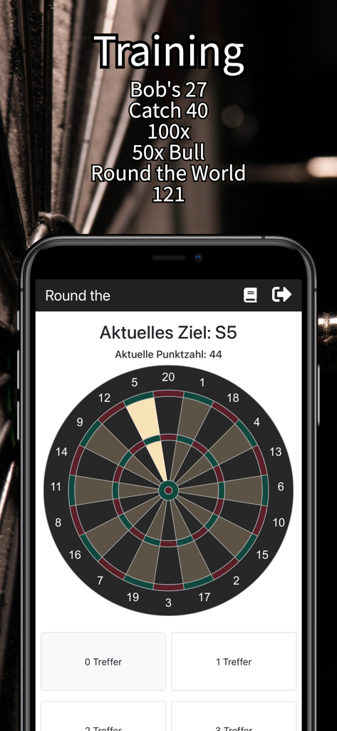 Darts1 Counter App zeigt die Round the World Trainingsspiel-Oberfläche auf einem Smartphone