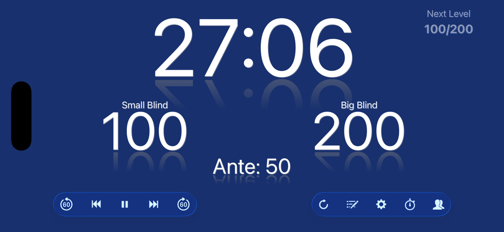 Professional poker tournament timer showing countdown clock and blind levels on a blue background
