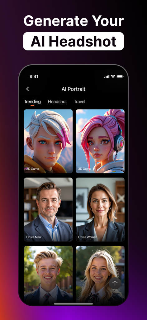 AI Video Generator - Virbo - Écran de l'application Virbo montrant divers styles de portraits et de têtes générés par IA.