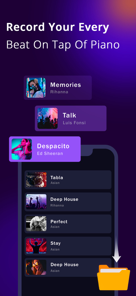 Aufnahmeoberfläche der Real Piano App mit gespeicherten Musiktiteln und einem Speicherordner