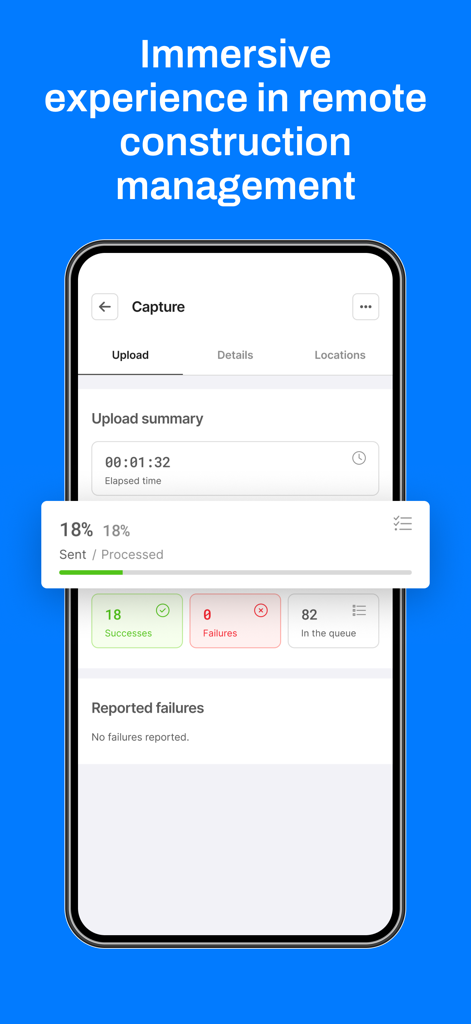 VISI (by Construct IN) - Smartphone display of the VISI app upload screen showing construction site data capture progress.