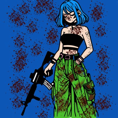 a dangerous girlcrop top and baggy jeans with a rifle in her hand
