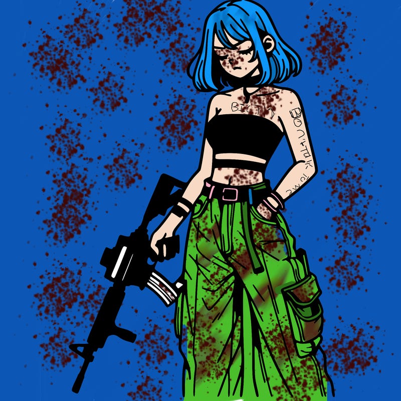 a dangerous girlcrop top and baggy jeans with a rifle in her hand