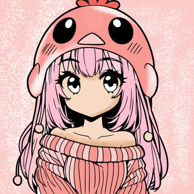 anime girl with chick shaped hat with sweater with bare shoulders with bangs covering them one eye with low tail