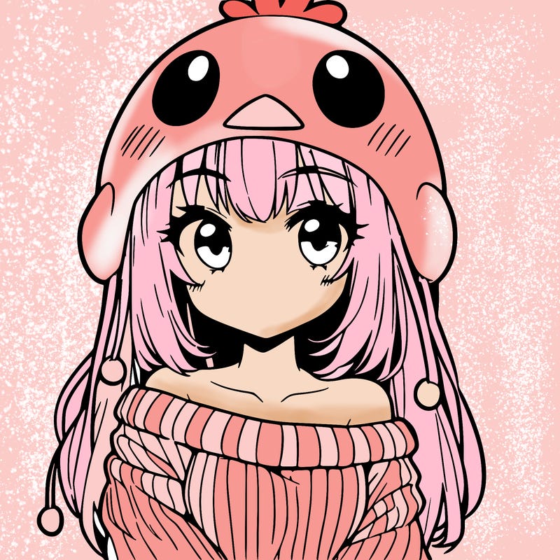 anime girl with chick shaped hat with sweater with bare shoulders with bangs covering them one eye with low tail