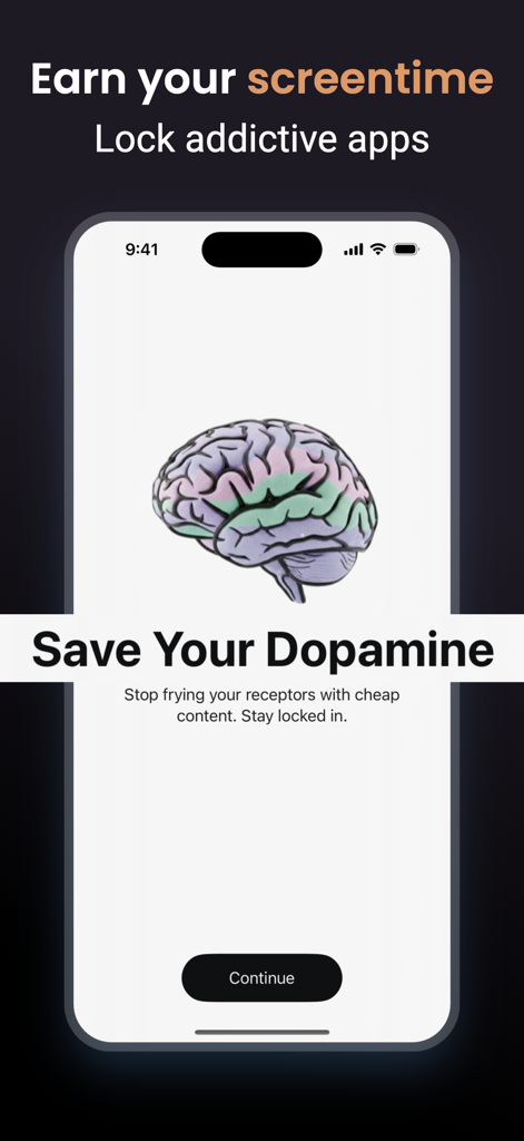 Study G: Student App Blocker - Pantalla de incorporación de la aplicación Study G mostrando una ilustración colorida de un cerebro y el texto Guarda tu Dopamina