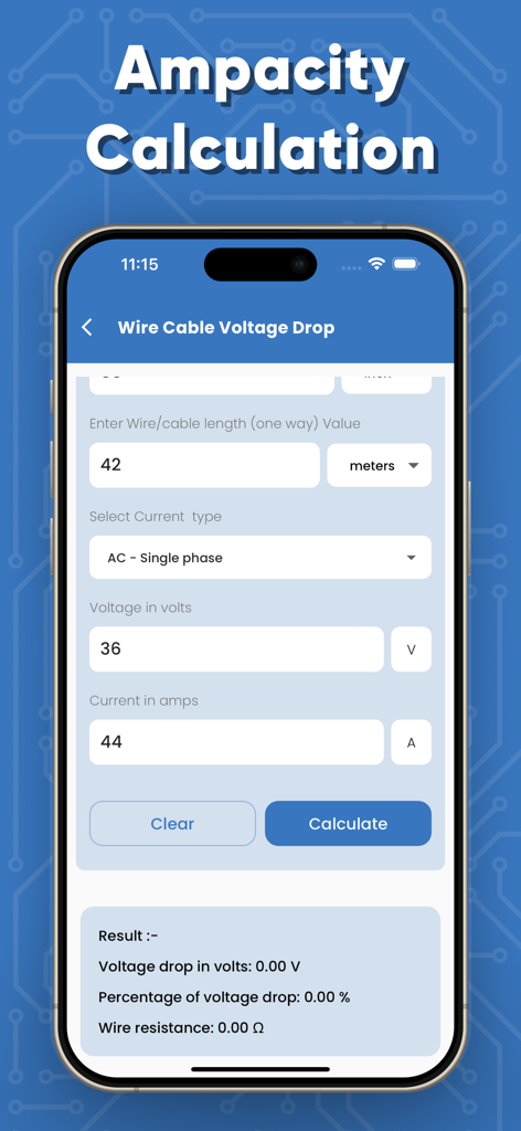 Mobile app interface for calculating wire voltage drop and ampacity for electrical projects.