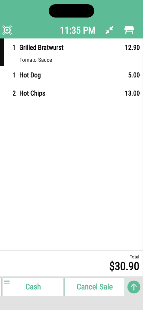 A mobile interface of myvenue POS showing a food order summary with bratwurst, hot dog, and hot chips totaling thirty dollars and ninety cents.