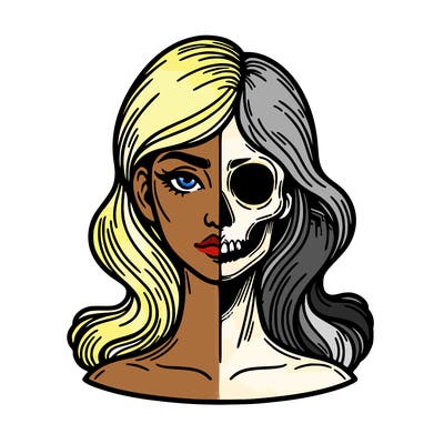 bust of a woman, half face and hair, half skull