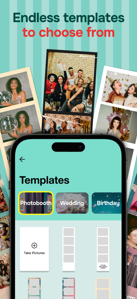 Pocketbooth Photo Booth - Una pantalla móvil que muestra varias plantillas de tiras de fotos para eventos como bodas y cumpleaños en la aplicación Pocketbooth