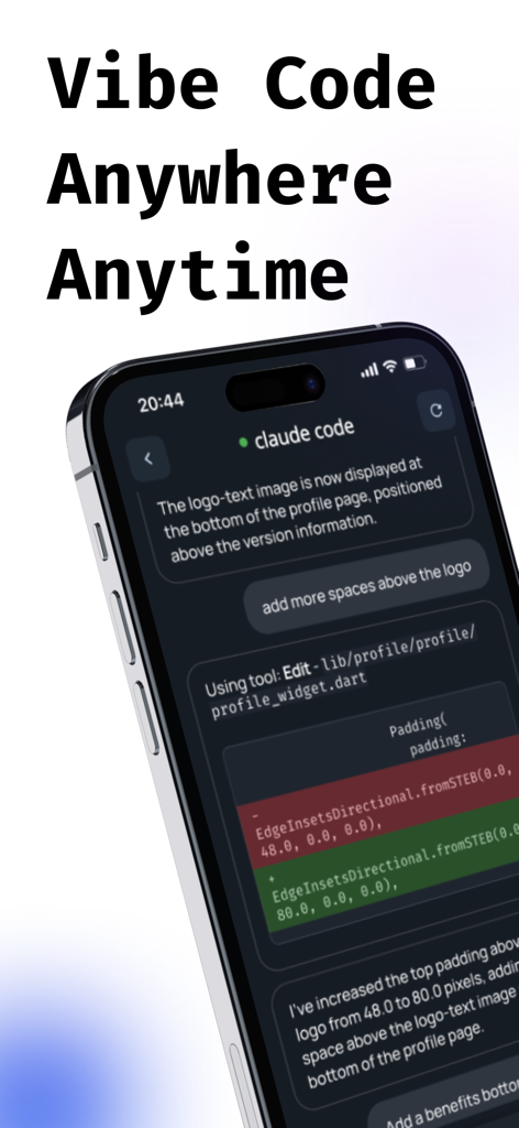 Vibe Code: Codex & Claude AI - Vibe Code app interface showing Claude Code integration and terminal output on a smartphone