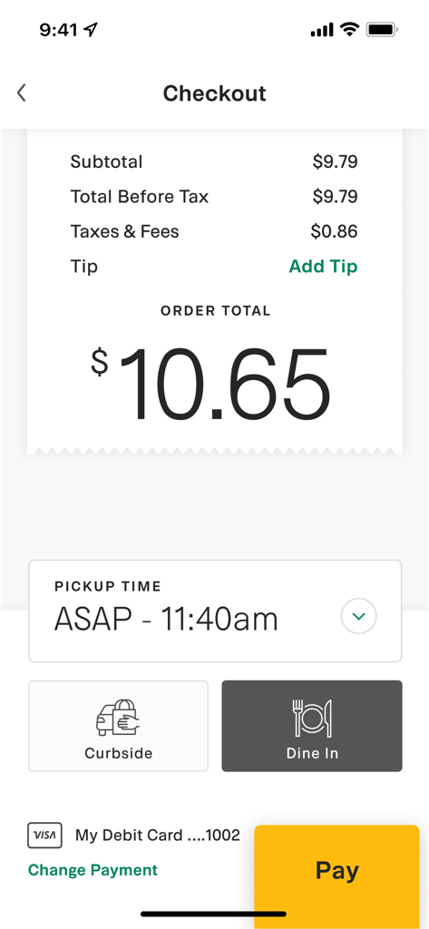 Habit Burger app checkout screen showing order total pickup time and dine-in selection