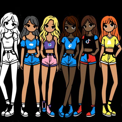 a group of girls wearing crop tops and shorts