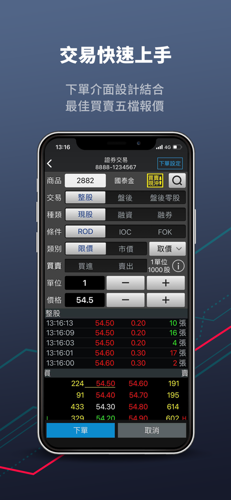 國泰證券「隨身證券」 - Mobile interface of Cathay Securities app for placing stock trades with real-time market depth in Traditional Chinese.