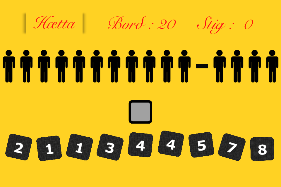 Stærðfræðileikurinn - A math subtraction problem using stick figures with number options at the bottom on a yellow screen