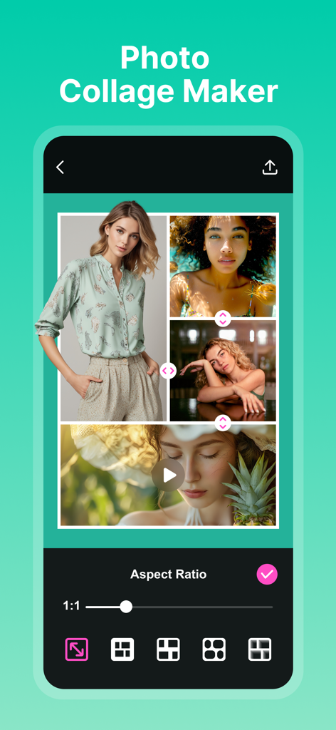 Collage Maker - Photos Editor - Tela de smartphone mostrando o aplicativo Criador de Colagens com uma grade de fotos e ferramentas de edição para layout e proporção