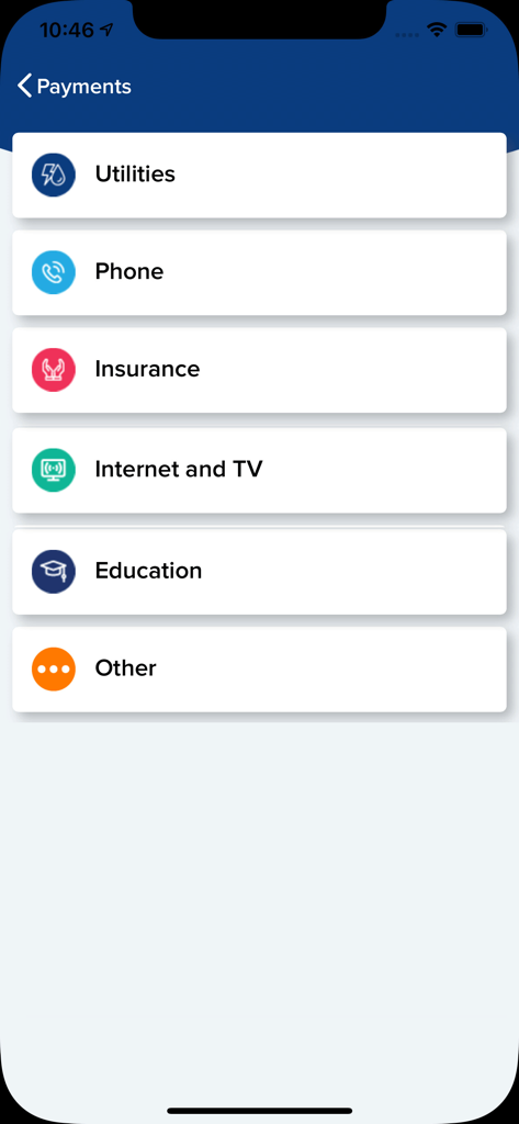 BRED Fiji Business Connect - List of payment categories in the BRED Fiji Business Connect app including Utilities, Phone, and Insurance