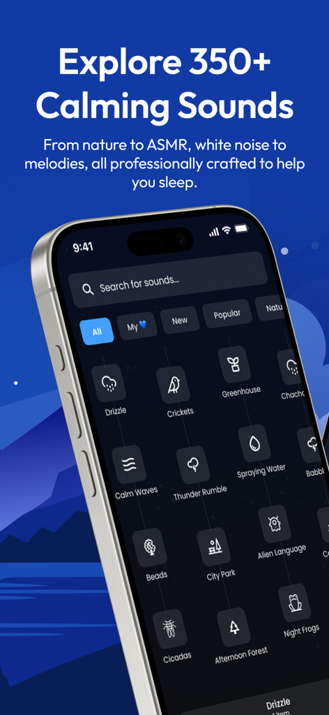 Sleep Sounds: SleepMaker - SleepMaker app interface displaying a library of over 350 calming sounds including nature and white noise