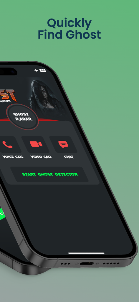 Ghost Detector - Camera Radar. - Tela do aplicativo Ghost Detector mostrando o radar de fantasmas e recursos de comunicação como chamadas de voz e vídeo