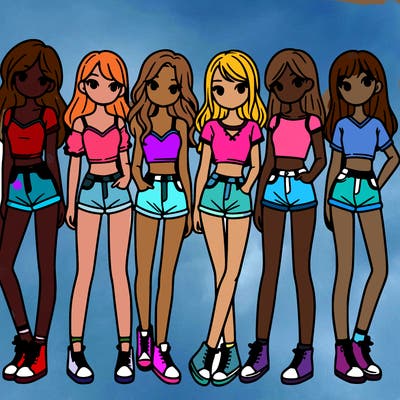 a group of girls wearing crop tops and shorts