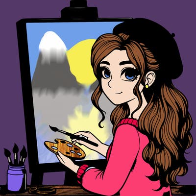 realistic girl artist painting a blank canvas