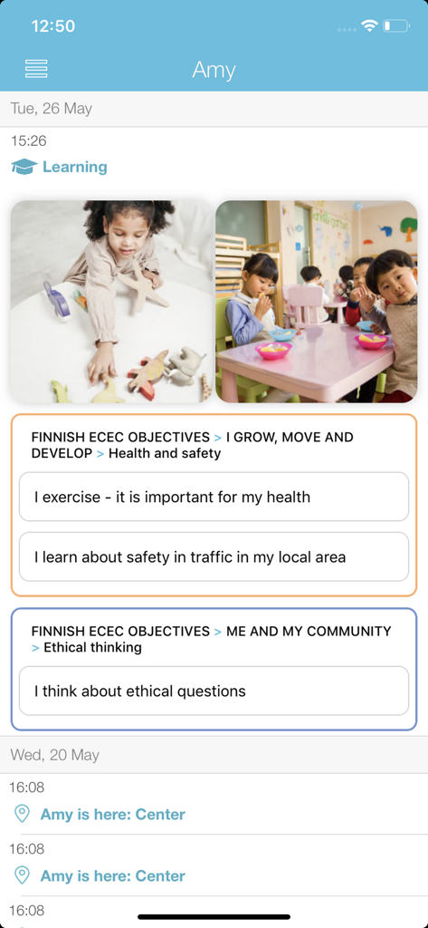 Kindiedays Family - Kindiedays Family app interface showing a childs daily learning activities and educational goals.