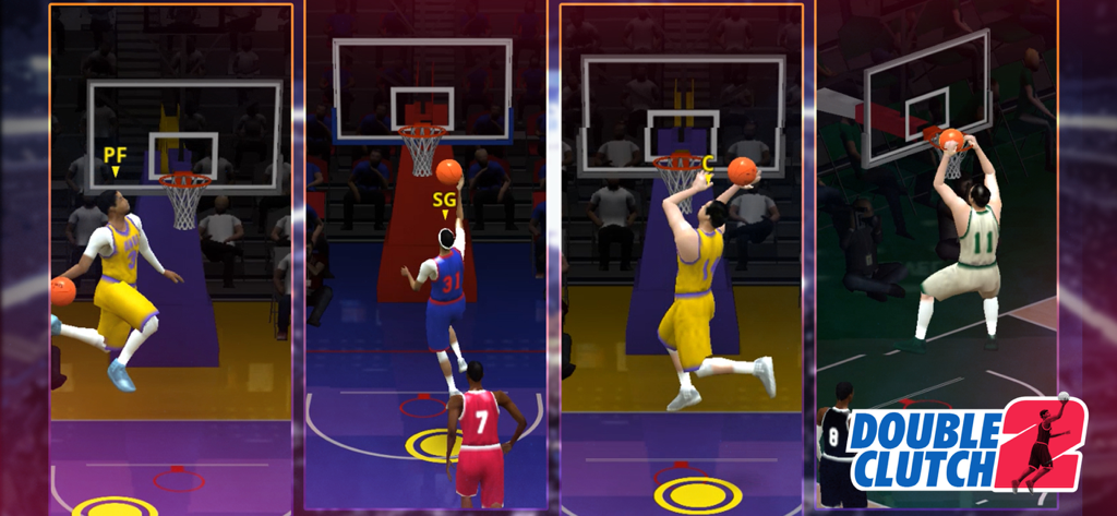 Arcade basketball gameplay showing players performing various dunks and shots