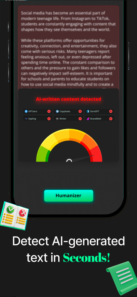 Un teléfono inteligente que muestra la aplicación Humbot AI detectando contenido de IA con un indicador de alerta roja.