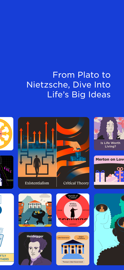 Una pantalla de la aplicación Fathom con coloridas tarjetas ilustradas para temas de filosofía como Existencialismo y Teoría Crítica