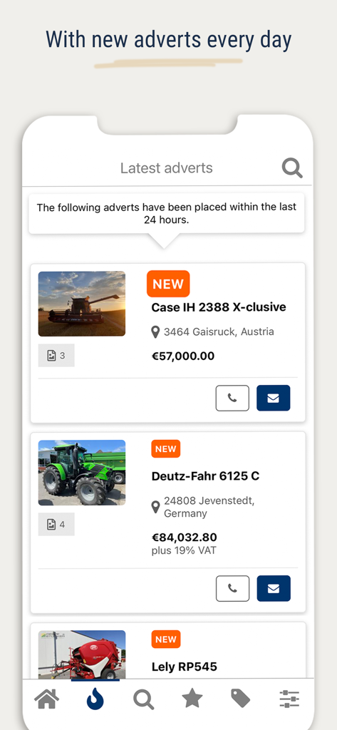 tractorpool - Pantalla de la app tractorpool que muestra anuncios actualizados diariamente de tractores y equipos agrícolas usados