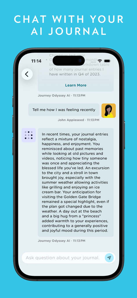 Una pantalla de smartphone mostrando la interfaz de chat de diario con IA de la aplicación Journey que proporciona un resumen del estado de ánimo e información basada en entradas recientes.