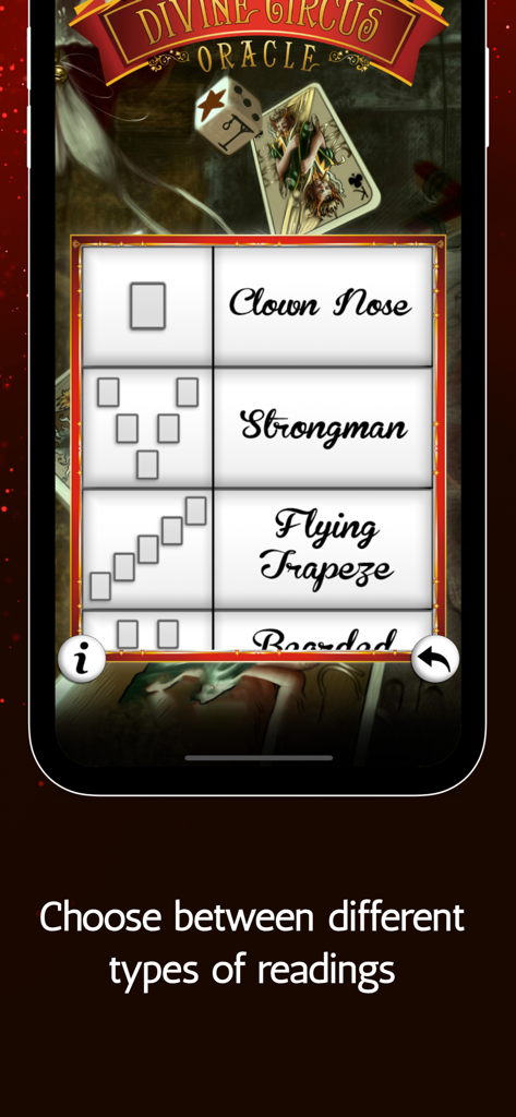 Divine Circus Oracle - Interface for selecting different types of oracle card readings such as Clown Nose and Strongman