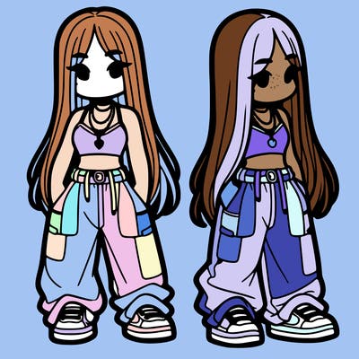 girl in baggy pants crop top and long hair