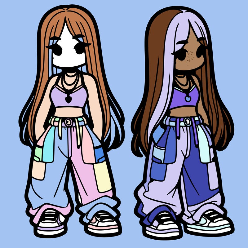 girl in baggy pants crop top and long hair