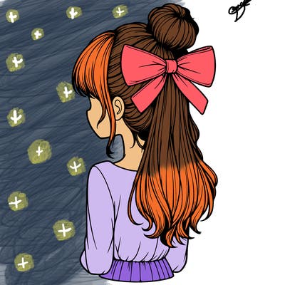 realistic girl  with hip length hair a bun and a big bow on the back of head