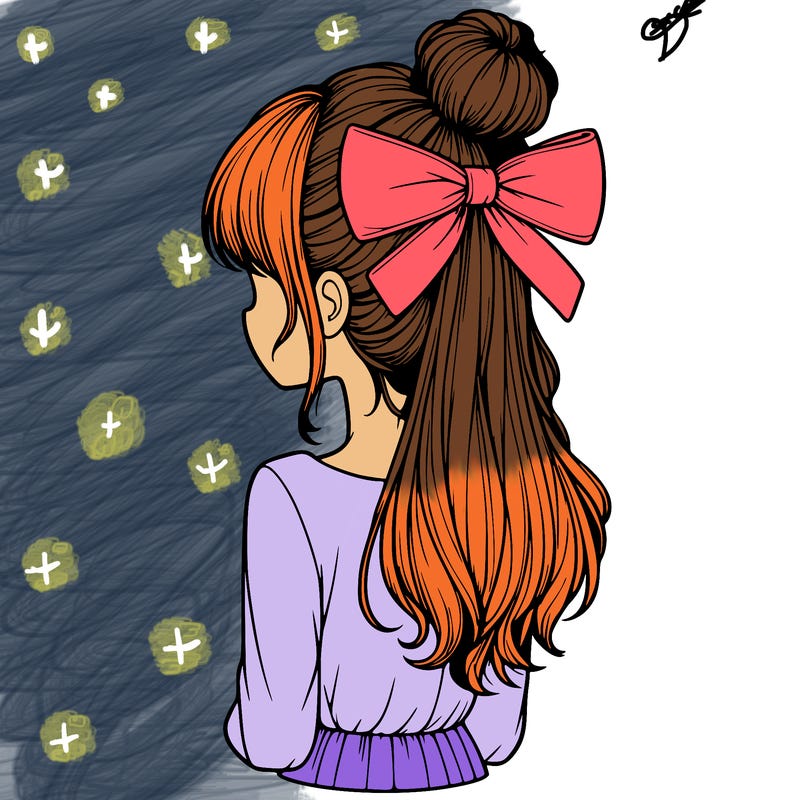 realistic girl  with hip length hair a bun and a big bow on the back of head