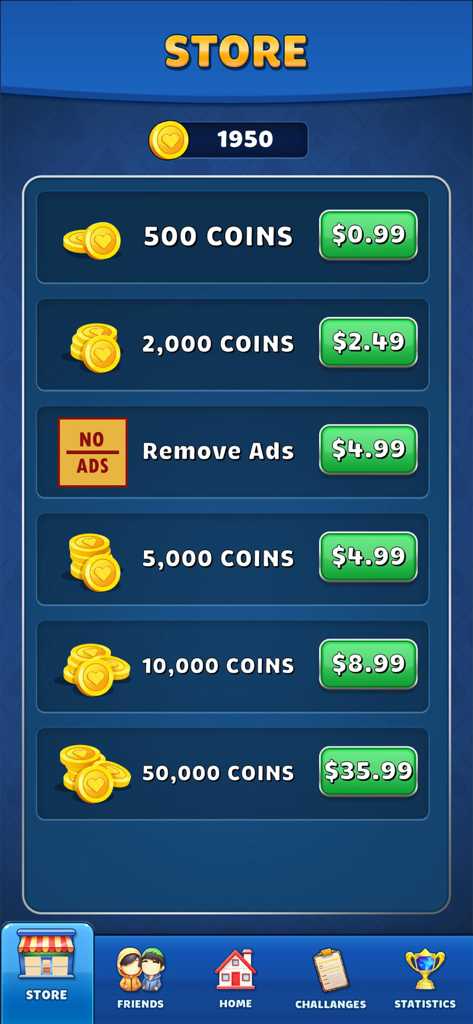 In-app store screen for Wild Jacks Card Game showing coin packages and the remove ads option