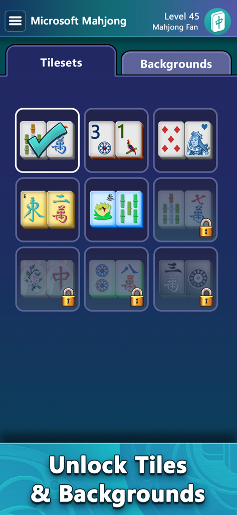 Interface of Microsoft Mahjong showing a selection of different tile sets and backgrounds for game customization