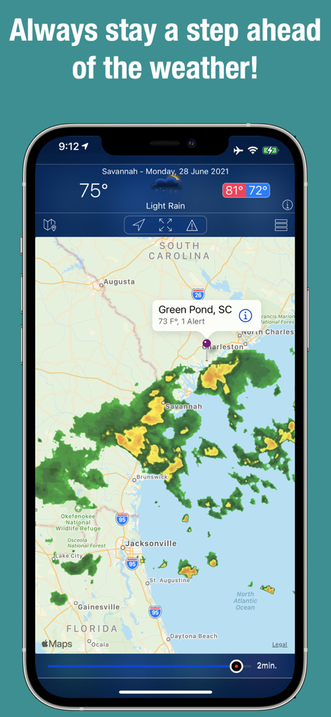 iPhone screen displaying a live interactive doppler radar map with rain intensity and local weather alerts for the South Carolina and Georgia coast.