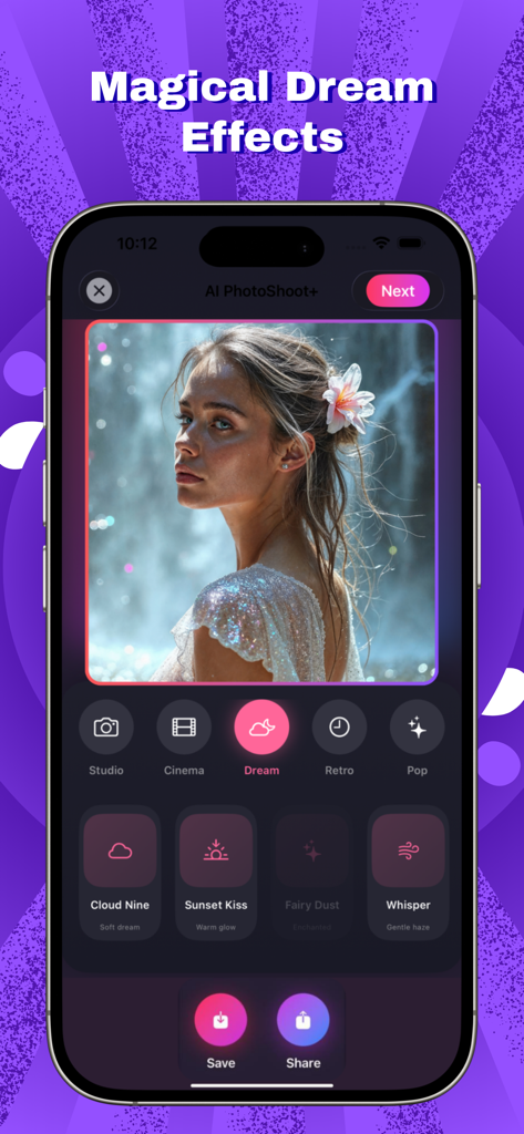 AI PhotoShot+ - A mobile app interface of AI PhotoShot plus showing professional dreamy photo filters applied to a portrait