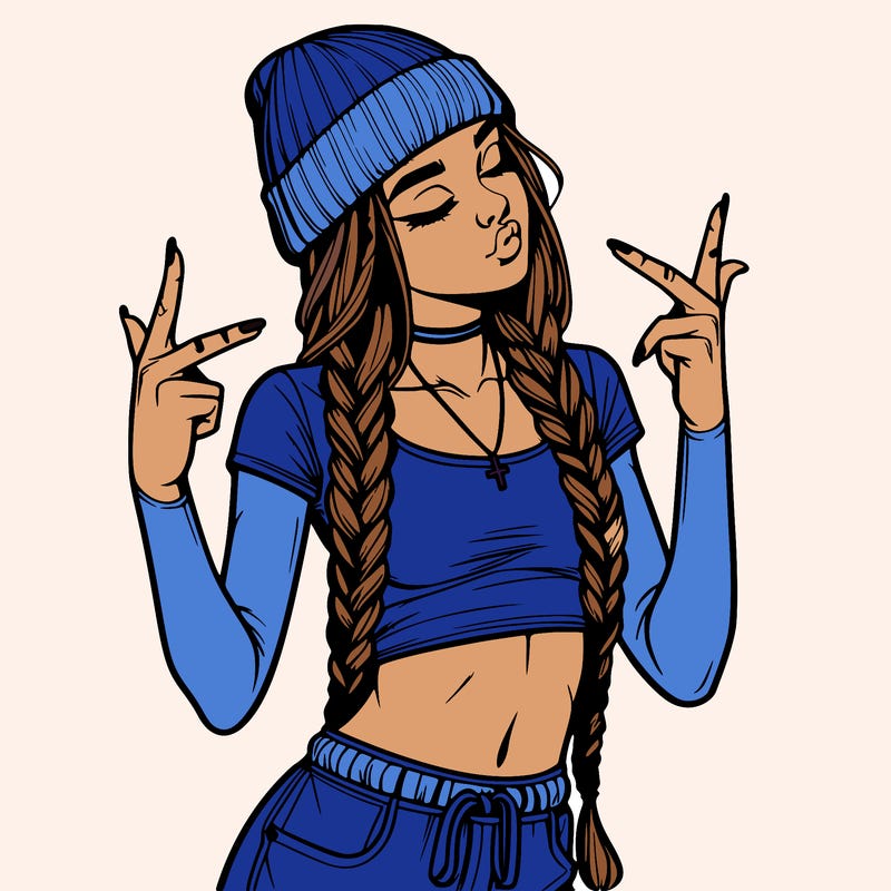 realistic teenage girl with braids and a beanie and crop top doing 🫶🏼