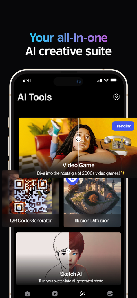 Oberfläche der KI-Video- und Fotogenerator-App, die verschiedene kreative Werkzeuge wie Skizzen-KI und Videospiel-Filter zeigt