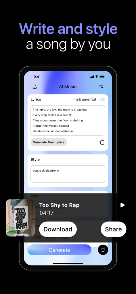 AI Music · Song & Cover Maker - Interfaz de la aplicación AI Music para escribir letras y estilizar canciones originales.