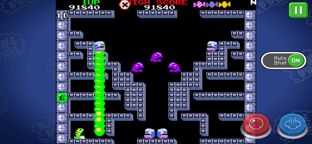Gameplay screenshot of Bubble Bobble Classic showing Bubblun and enemies in level 10 with retro arcade graphics